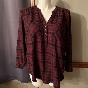 Torrid Harper Maroon Black Plaid Long Sleeve Blouse